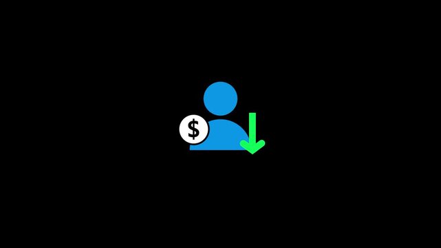 Minimal flat illustration of an orange human icon with a dollar symbol and a downward arrow, representing income decrease, salary reduction, financial loss, expense growth, or business decline on