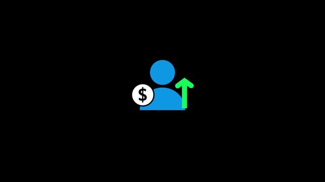 Minimal flat illustration of a green human icon with a dollar symbol and upward arrow, representing income growth, salary increase, financial success, profit, and business progress 