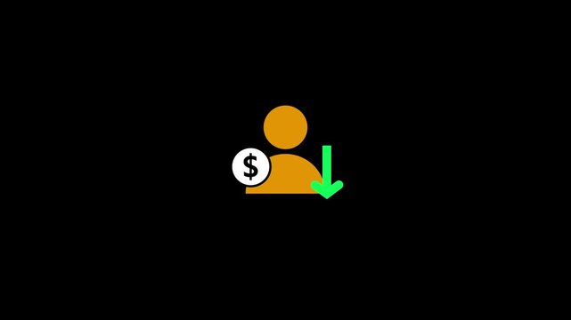 Minimal flat illustration of an orange human icon with a dollar symbol and a downward arrow, representing income decrease, salary reduction, financial loss, expense growth, or business decline on