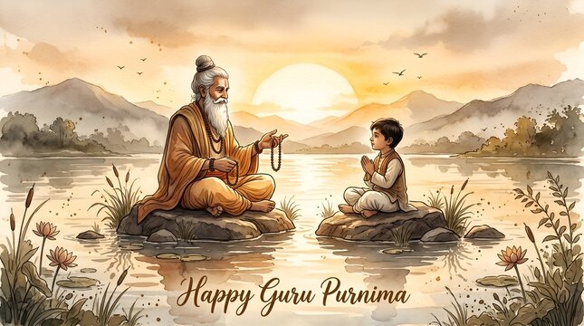 Watercolor illustration for guru purnima with a silhouette of guru with a disciple.
