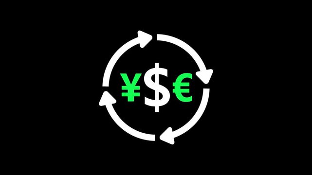 dollar, euro, yen currencies with round arrows process. Icon of fiat money. Symbol of currency processing transaction exchang. Exchange,finance icon design on blue background