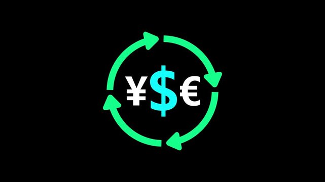 dollar, euro, yen currencies with round arrows process. Icon of fiat money. Symbol of currency processing transaction exchang. Exchange,finance icon design on blue background