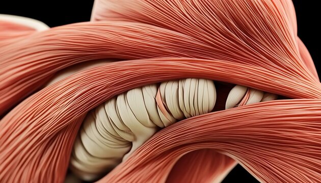 Detailed view of interwoven muscle fibers and tendons in anatomical illustration.