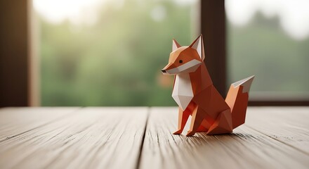 Obraz premium Origami Low Poly Orange Fox Figurine on Wooden Table