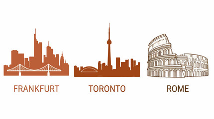 Obraz premium Flat Design City Skylines: Frankfurt, Toronto, and Rome Landmarks on White Background, Vector Illustration