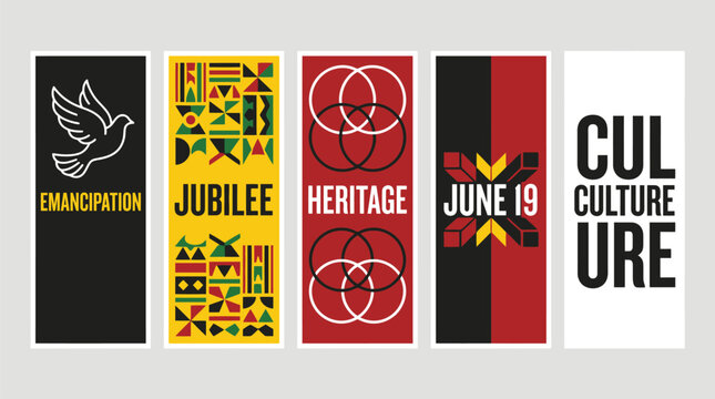 Juneteenth Celebration Vertical Banner Vector Set with Heritage Patterns and Emancipation Symbols for Cultural Events, Community Festivals & Educational Displays (EPS)