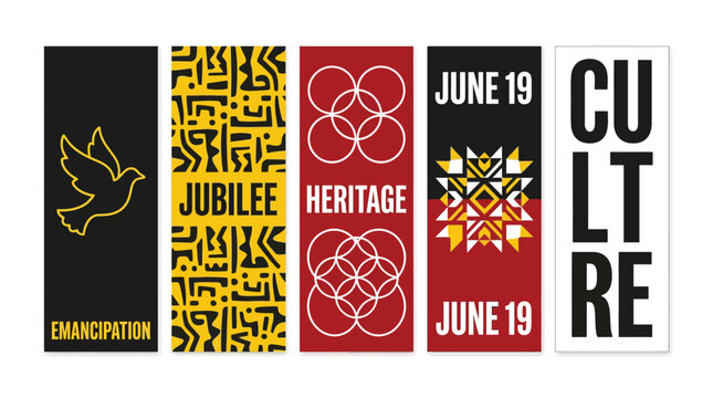 Juneteenth Celebration Vertical Banner Set with African Heritage Patterns and Emancipation Symbols Vector for Community Events, Cultural Festivals & Education (EPS)