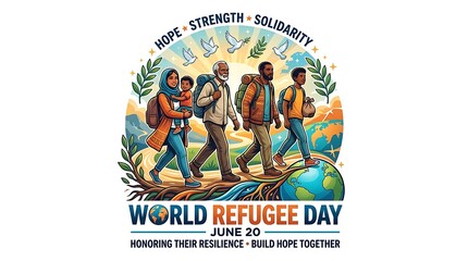 Obraz premium World refugee day illustration with diverse people walking for peace