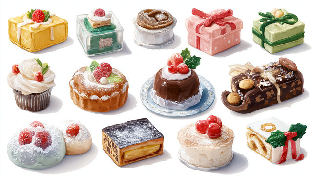 Festive Christmas Dessert Illustration with Cupcakes Cakes and Decorated Gift Boxes.