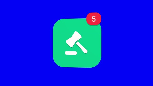 3D rendered pop up justice law gavel auction hammer app icon on a blue screen backdrop with a red notification counter animation running from 1 to 99.