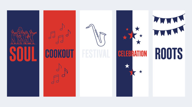 Juneteenth Celebration Vertical Banner Vector Set with Soul Music and Cookout Festival Graphics for Event Marketing, Social Media & Promotions (EPS)