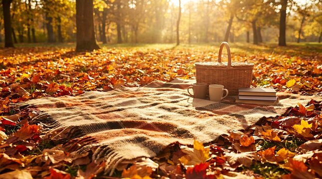 A cozy picknickdecke spread on the ground in a beautiful forest park during a sunny autumn day with a wicker basket and two warm mugs for a relaxing time