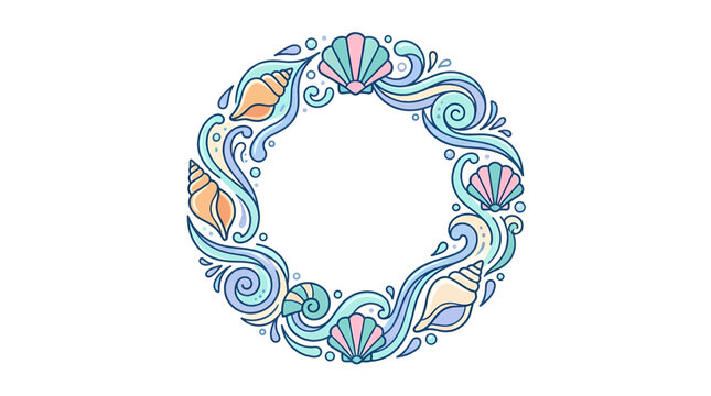 Cute ocean wave and seashell circular wreath frame with pastel marine elements for Kids