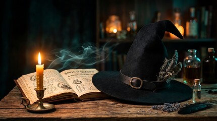 Fototapeta premium Witch hat and magic spell book with burning candle on a wooden table.