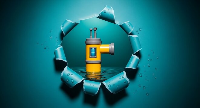 A yellow submarine periscope emerging from water, viewed through a torn paper hole in a teal background with water droplets