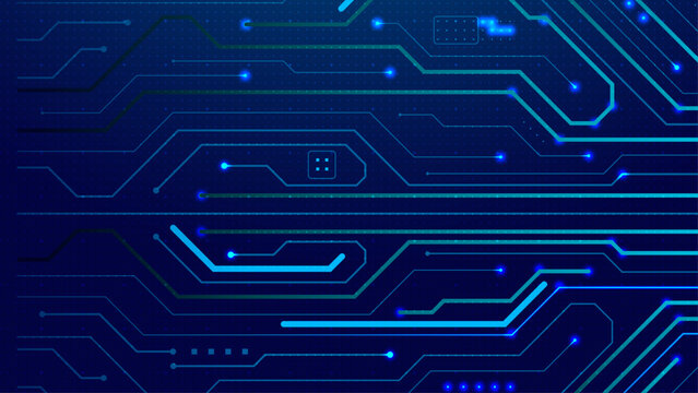 Abstract technology background with blue circuit board lines and dots.