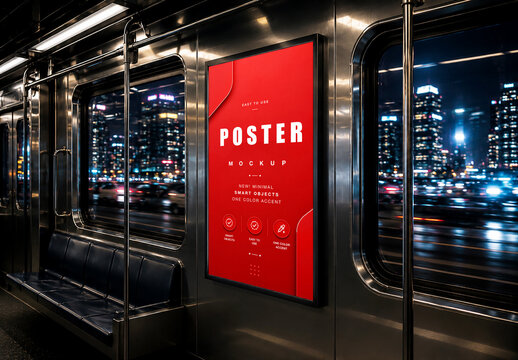 Subway Train Interior Advertising Mockup with Vibrant Red Poster Display