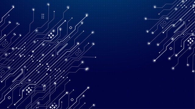 Abstract blue background with glowing white circuit board lines and dots.