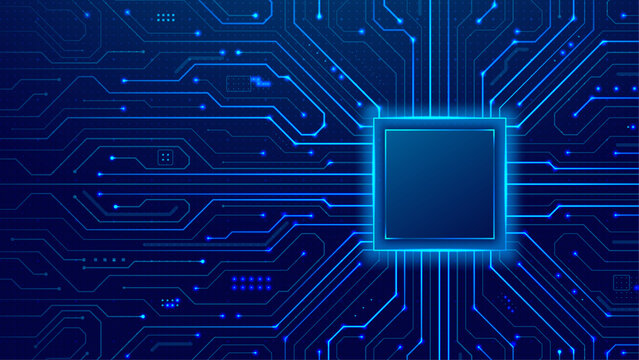 Abstract background with glowing blue circuit board pattern and central blank square, technology concept.