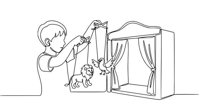 Child performing a puppet show with lion and bird puppets on stage.