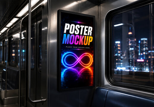 Subway Train Interior Poster Mockup at Night with City Skyline View