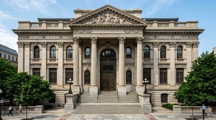 Obraz premium Neoclassical building facade with grand columns and stone steps