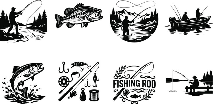 Fishing Silhouette Vector Set Featuring Anglers, Fish, and Equipment in Outdoor Nature ScenesFishing Silhouette Vector Set Featuring Anglers, Fish, and Equipment in Outdoor Nature Scenes