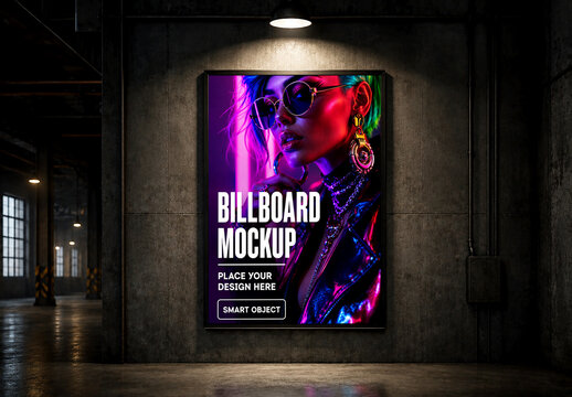 Vertical Billboard Mockup on Dark Industrial Concrete Wall