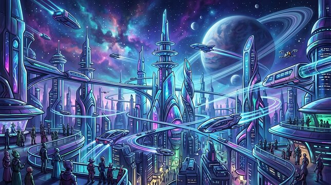 Futuristic space colony city with flying vehicles and planets