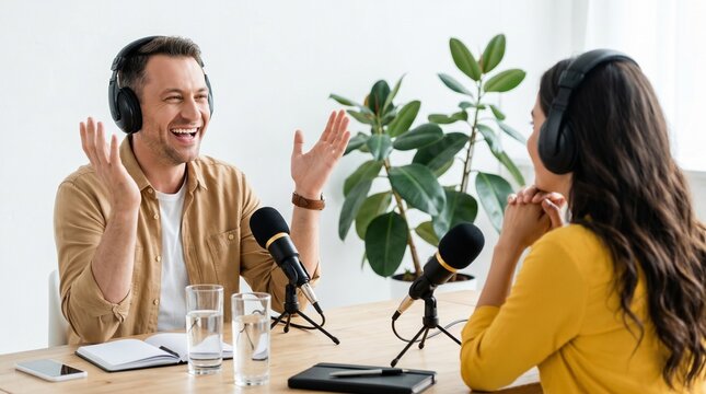 Two content creators with headphones and microphones engaged in a lively podcast recording session