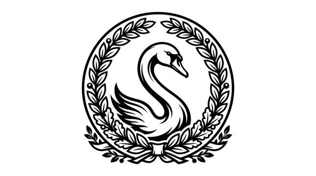 Black swan in laurel wreath logo.