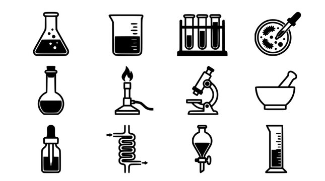 Beaker Icon Set with Lab Glassware Illustrations, Chemistry Equipment Symbols, Educational Vector-Style Pictograms