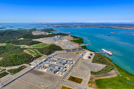Liquified natural gas plants on Curtis Island, Queensland and LNG ship on Curtis Island