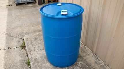 Naklejka premium Large blue plastic barrel standing on a concrete floor illustration