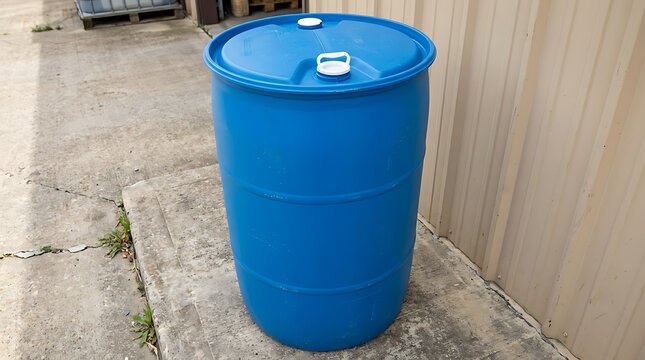 Large blue plastic barrel standing on a concrete floor illustration