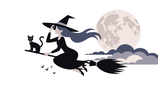 Enchanting witch flying on a broomstick with a black cat under a large moonlit sky