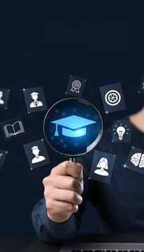 Hand Holding Magnifying Glass Over Glowing Graduation Cap With Education Icons Floating on Dark Blue Background for E-Learning Knowledge and Online Course Concept