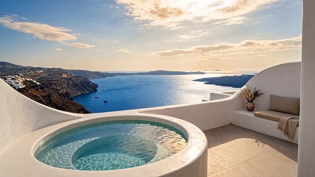 Luxury whitewashed Greek-island caldera terrace with a plunge pool overlooking the Aegean sea at warm late afternoon, shimmering water and drifting clouds &mdash; chillout summer background