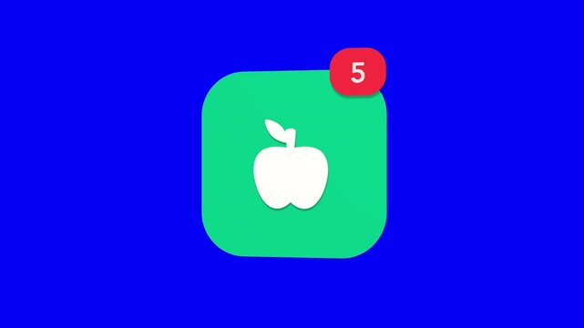 3D rendered pop up fresh apple fruit organic agriculture app badge on a blue screen background with a red notification counter animation tracking from 1 to 99.
