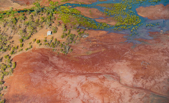 Aerial view of fishing hut, shelters and illegal causeway near the Narrows
