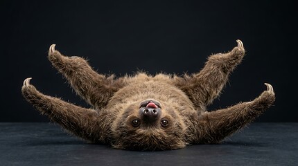Fototapeta premium A fluffy brown sloth is lying on its back with its arms and legs spread wide in a relaxed pose against a dark background.