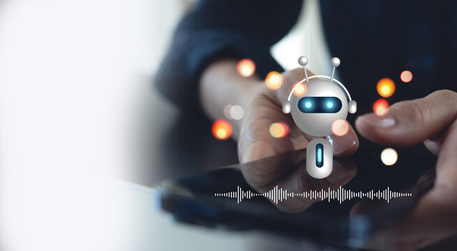 Online chatting with AI chatbot on smartphone. Artificial intelligence robot innovation technology communicate and answer questions with smart conversation and provide creative solution ideas