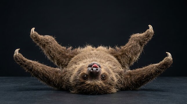 A fluffy brown sloth is lying on its back with its arms and legs spread wide in a relaxed pose against a dark background.