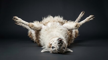 Obraz premium A fluffy white llama lies on its back with its legs in the air, looking playful and relaxed against a dark background.
