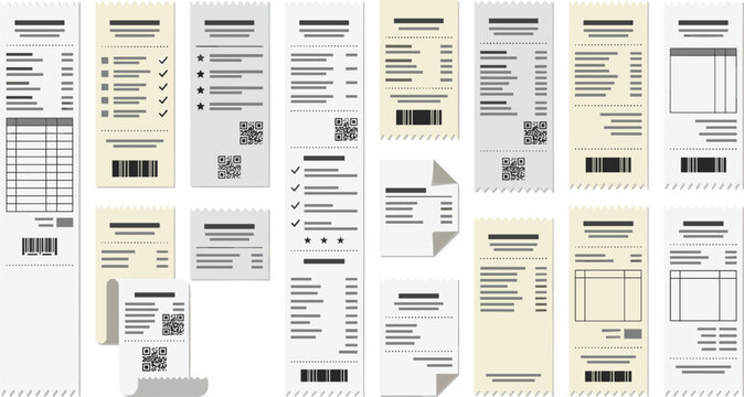 Financial Sales Receipt and Blank Bill Voucher Template Vector Set with QR Codes Barcodes Checklists and Financial Transaction Paper Elements