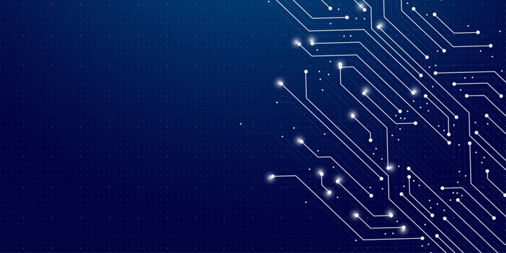 Glowing white circuit board pathways on a dark blue digital background.