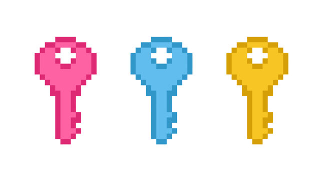 Three colorful keys in pink blue and yellow.