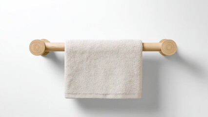 Obraz premium Soft cotton towel hanging on a minimalist wooden wall rack with bathroom