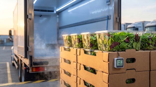 Smart cold chain logistics background. Close-up of packaged organic mixed salad mix in cardboard boxes by a refrigerated truck