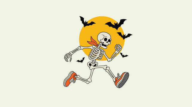 Energetic skeleton character with an orange bandana and sneakers running past a bright sun